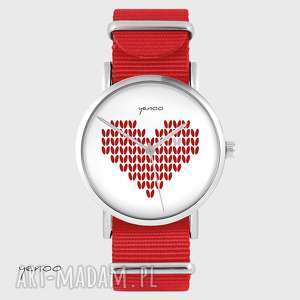 handmade zegarki zegarek, bransoletka - serce dziergane - czerwony, nato