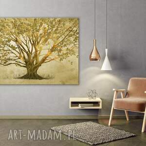 duży obraz do salonu drukowany na płótnie z drzewem w odcieniach złota 120x80