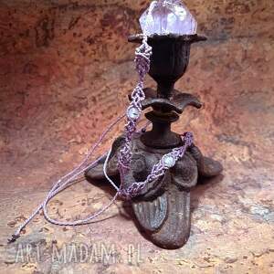 ambrozja trójdzielna agat w makramie komplet pleciony lawendowy makramowy