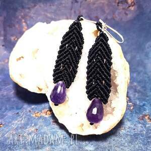 czarna gwiazda ametyst naturalny w makramie kolczyki makrama bigle ag 925