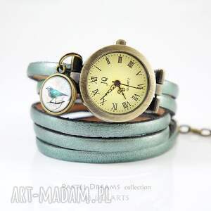 handmade bransoletka, zegarek - turkusowy ptaszek - metalik, turkus, skórzany