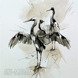 Pod skrzydłami, Akwarela 24x32 cm, żuraw, żurawie obrazy