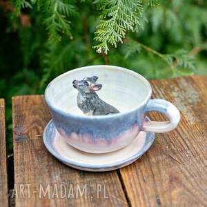ręcznie robione ceramika ceramiczna filiżanka z figurką wilka - szaro różowy na prezent