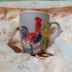 wiejskie życie kogut wśród ziół kwiatów kubek ręcznie malowany 300 ml, prezent