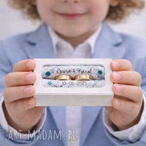 pudełko na obrączki drewniane personalizowane - dąb, imiona i data, ślub prezent