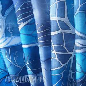 ciemny niebieski szal jedwabny drzewa, malowane jedwabie apaszki