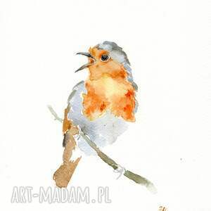 Prezent Oryginalna akwarela. Rudzik, dekoracje, ptaki