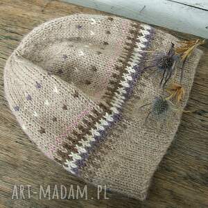 czapka z alpaki, beżowo - brązowa odrobiną różu i wrzosu, ręcznie robione