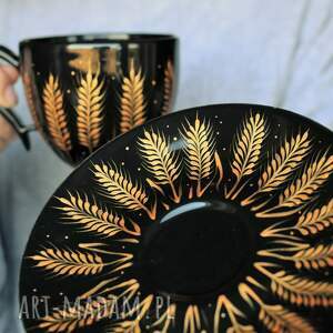 handmade ceramika filiżanka czarna złote kłosy ręcznie malowane