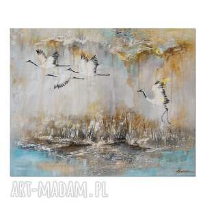 żurawie 19 ptaki obraz do salonu malowany na płótnie, nowoczesne