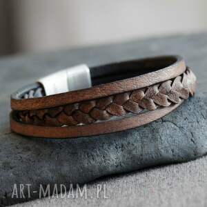 stylowa bransoletka męska, skóra pleciona, stal nierdzewna argentomen