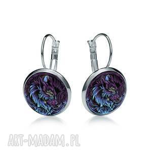 kolczyki wilk fioletowo - niebieskie mistyczne handmade prezent fanki fantasy