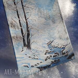 obraz ręcznie malowany akrylowy w zimowej baśni - 30x24cm, śnieg parku, zimowy