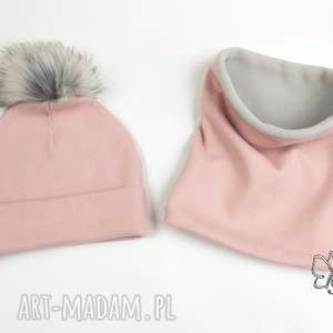 komplet zimowy - czapka z pomponem komin,podszyty polarem kolor różowy/