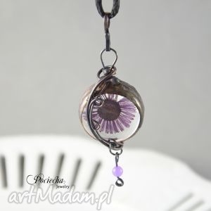 violet daisy - naszyjnik z suszonym kwiatem, stokrotka, miedź, prezent