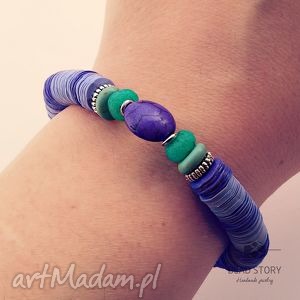 handmade elastyczna bransoletka jasno i ciemno fioletowa z turkusowym