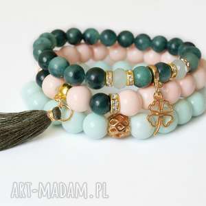 set tropical emerald agates, mint nude with tassel zestaw, chwost zawieszka