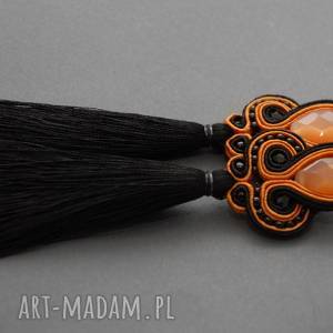 czarno-pomarańczowe kolczyki sutasz z chwostami, sznurek, eleganckie, wiszące