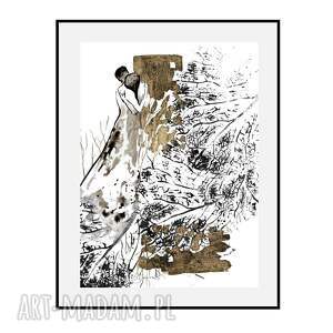 grafika ona i on malowana złocona ręcznie o wymiarach 30cm x 40 cm, para