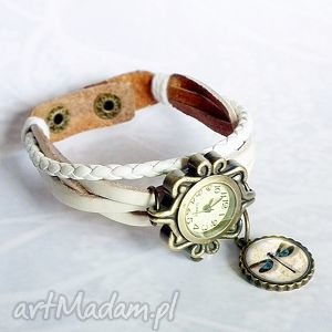 zegarek z zawieszką ważka - modna bransoleta w jednym, skóra, biały