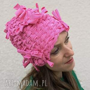 tkana czapka cukierek, kokardy, żakard tkanina unikatowa szydełko