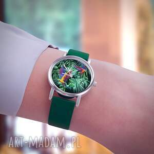 zegarek mały - papugi, tropikalny silikonowy, zielony niej, prezent