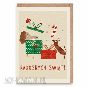 kartka świąteczna bożonarodzeniowa z pieskami i prezentami radosnych świąt 12,00