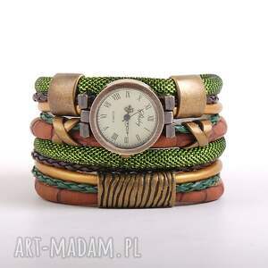 handmade zegarki zegarek - bransoleta zielono - brązowo - złoty