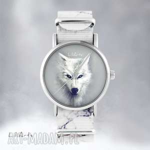 zegarki zegarek - biały wilk marmurkowy, nato, bransoletka husky prezent