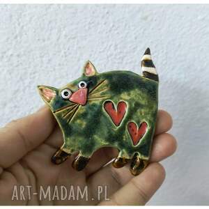 zielony kotek, ceramika, broszka, kot, serce