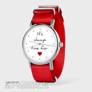 handmade zegarki zegarek, bransoletka - it is always time for love czerwony, nato