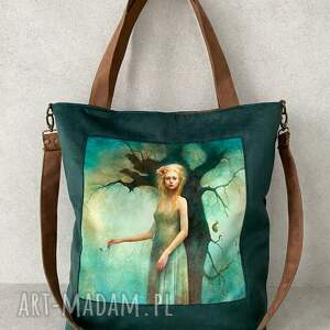 Duża torba na ramię - print z serii Duchy lasu, welur