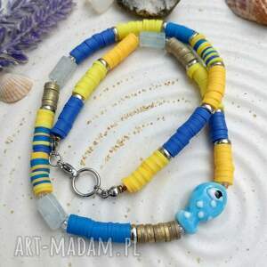 Letni choker z rybką - żółto-niebieski naszyjnik handmade