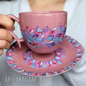 filiżanka dla kobiety ceramiczna elegancka róż fiolet błękit ręcznie malowana