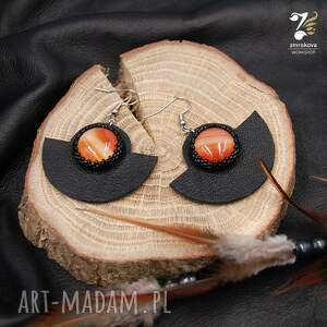 skórzane geometryczne kolczyki z agatami prezent, biżuteria