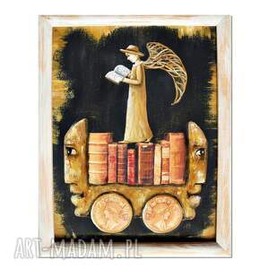 anioł bibliofil 13, oryginalny obraz ręcznie malowany na płótnie, collage, w drewnianej
