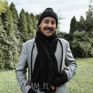 męski szal merino czarny szalik dodatkiem jedwabiu