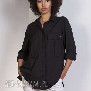 bluzki koszula oversize, k108 czarny, kieszenie casual, luźna, modna