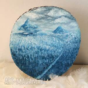 obraz ręcznie malowany na drewnie, prezent świąteczny zimowy górski krajobraz