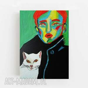 obraz mężczyzna z kotkiem salonu obrazy na zamówienie, malarstwo