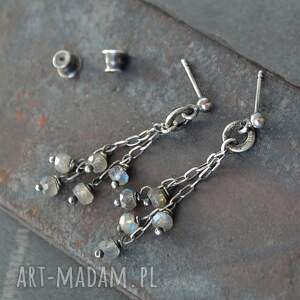 kolczyki wiszące z labradorytem, kamienie naturalne surowa biżuteria, srebro