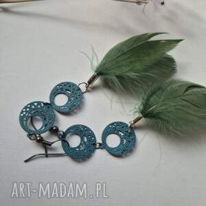 Kolczyki zielono turkusowe pióra leciutkie zwracają uwagę robione