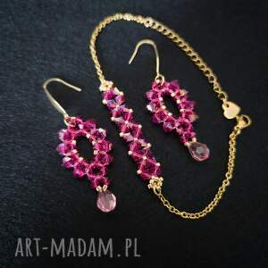 komplet biżuterii fuchsia - bransoletka i kolczyki z kryształków koralików