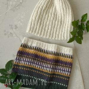 czapka i komin - kolorowy komplet z alpaki, ręcznie robione wełny prezent pod