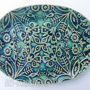 etno mydelniczka owalna z ceramiki, turkusowa, niebieska