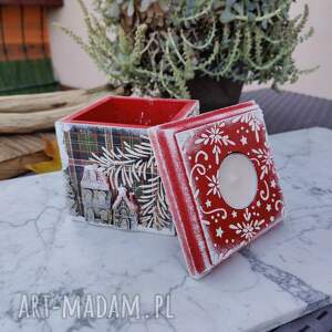świąteczne ręcznie zdobione pudełko ze świecznikiem, tealight decoupage