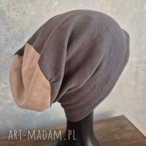 czapka smerfetka na podszewce uniwersalna w odcieniach szarości i brązu wiosenna