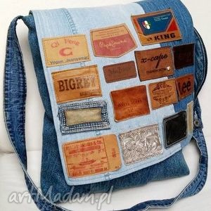 handmade na ramię młodzieżowa torba z naszywkami z recyklingu jeansu