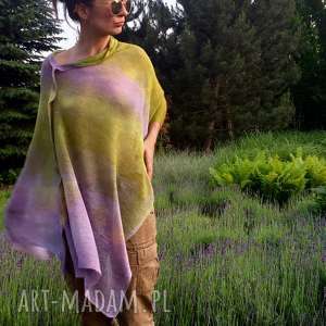 handmade poncho narzutka lniana lila&oliwka