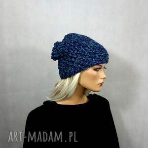 czapka handmade niebieski melanż wełny zimę